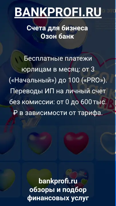 Бесплатные платежи юрлицам в месяц: от 3 («Начальный») до 100 («PRO»). Переводы ИП на личный счет без комиссии: от 0 до 600 тыс. ₽ в зависимости от тарифа.