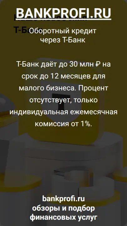 Т-Банк даёт до 30 млн ₽ на срок до 12 месяцев для малого бизнеса. Процент отсутствует, только индивидуальная ежемесячная комиссия от 1%.