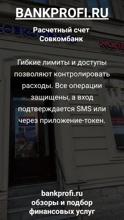 Гибкие лимиты и доступы позволяют контролировать расходы. Все операции защищены, а вход подтверждается SMS или через приложение-токен.