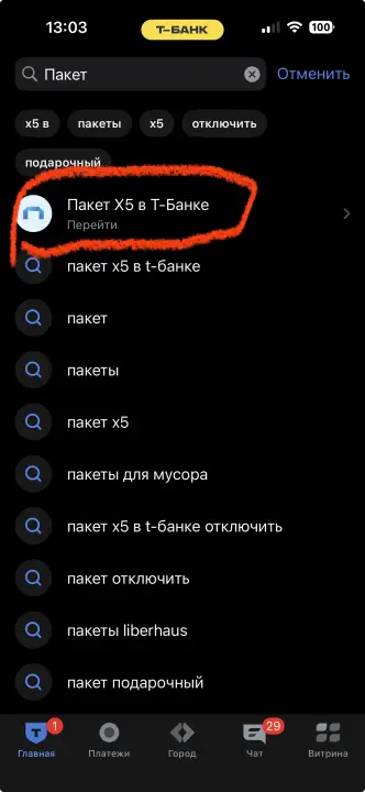 Находите Пакет через поиск в приложении Т-Банк
