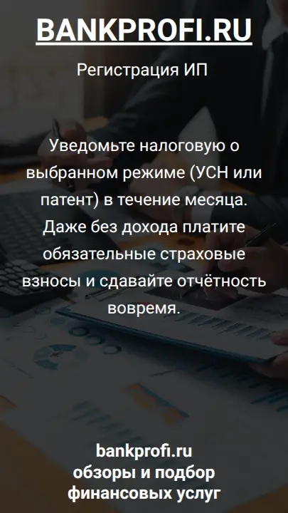 Уведомьте налоговую о выбранном режиме (УСН или патент) в течение месяца. Даже без дохода платите обязательные страховые взносы и сдавайте отчётность вовремя.