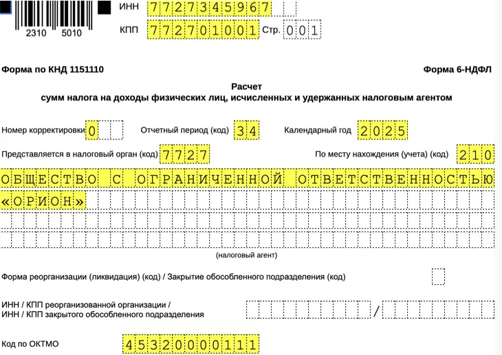 шаблон формы 6-НДФЛ