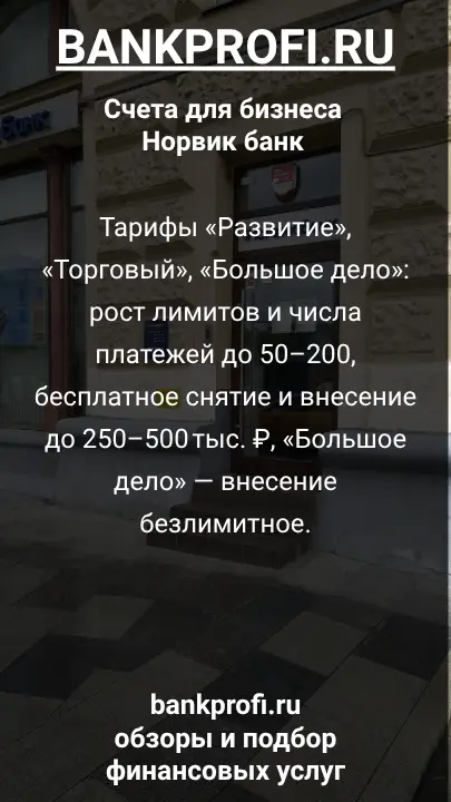 Тарифы «Развитие», «Торговый», «Большое дело»: рост лимитов и числа платежей до 50–200, бесплатное снятие и внесение до 250–500 тыс. ₽, «Большое дело» — внесение безлимитное.