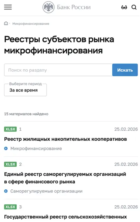 Реестр МФО ЦБ РФ