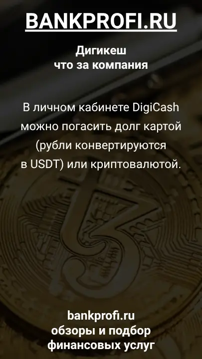 В личном кабинете DigiCash можно погасить долг картой (рубли конвертируются в USDT) или криптовалютой.