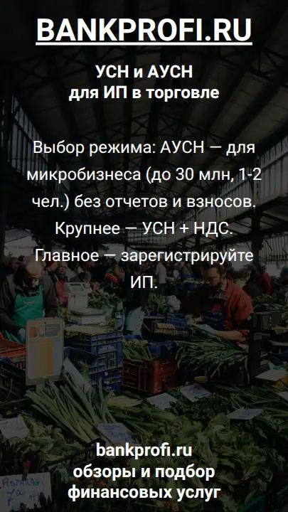 Выбор режима: АУСН — для микробизнеса (до 30 млн, 1-2 чел.) без отчетов и взносов. Крупнее — УСН + НДС. Главное — зарегистрируйте ИП.