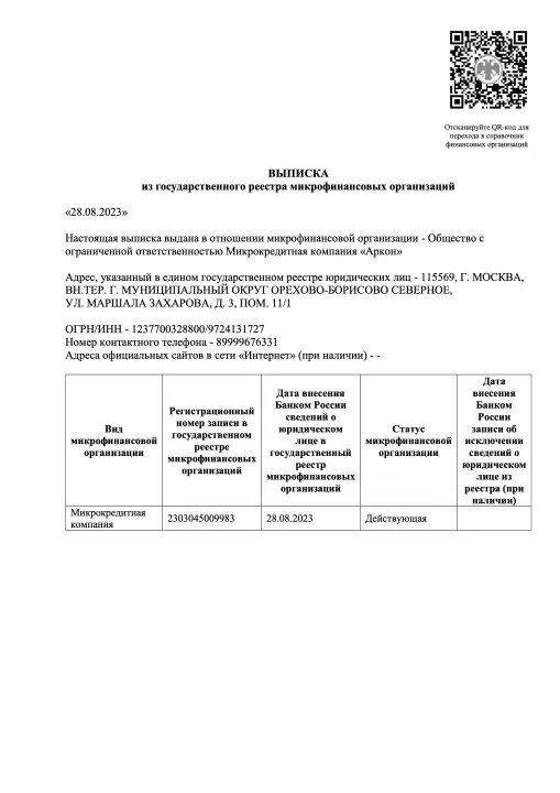 Выписка из реестра МК ЦБ РФ. ООО МКК Аркон