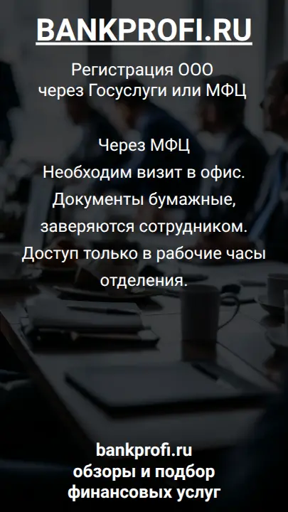 Через МФЦ
Необходим визит в офис. Документы бумажные, заверяются сотрудником. Доступ только в рабочие часы отделения.