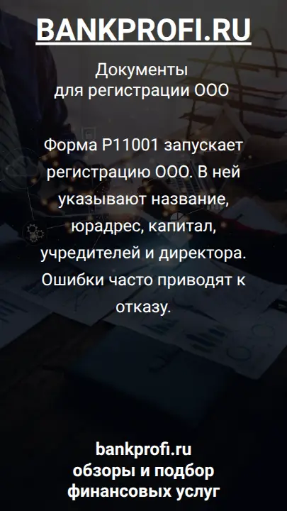 Форма Р11001 запускает регистрацию ООО. В ней указывают название, юрадрес, капитал, учредителей и директора. Ошибки часто приводят к отказу.