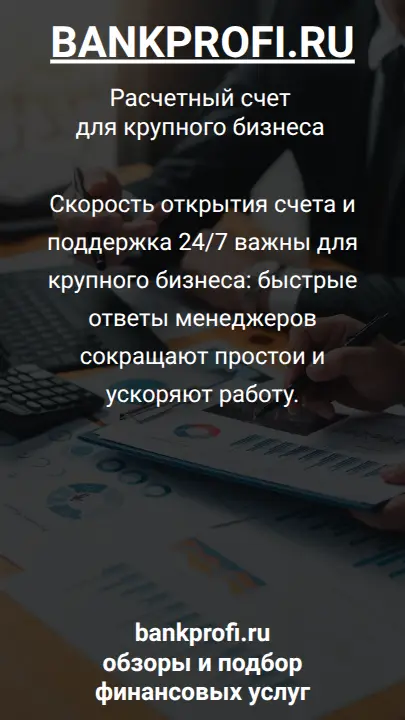 Скорость открытия счета и поддержка 24/7 важны для крупного бизнеса: быстрые ответы менеджеров сокращают простои и ускоряют работу.
