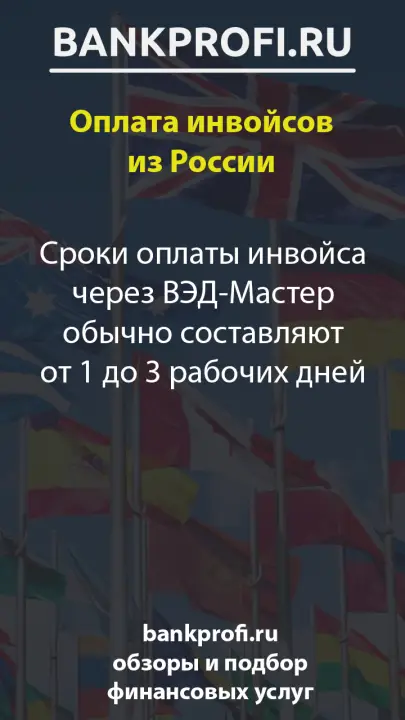 Сроки оплаты инвойса через ВЭД-Мастер обычно составляют от 1 до 3 рабочих дней Сроки оплаты инвойса через ВЭД-Мастер обычно составляют от 1 до 3 рабочих дней