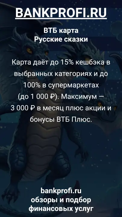 Карта даёт до 15% кешбэка в выбранных категориях и до 100% в супермаркетах (до 1 000 ₽). Максимум — 3 000 ₽ в месяц плюс акции и бонусы ВТБ Плюс.