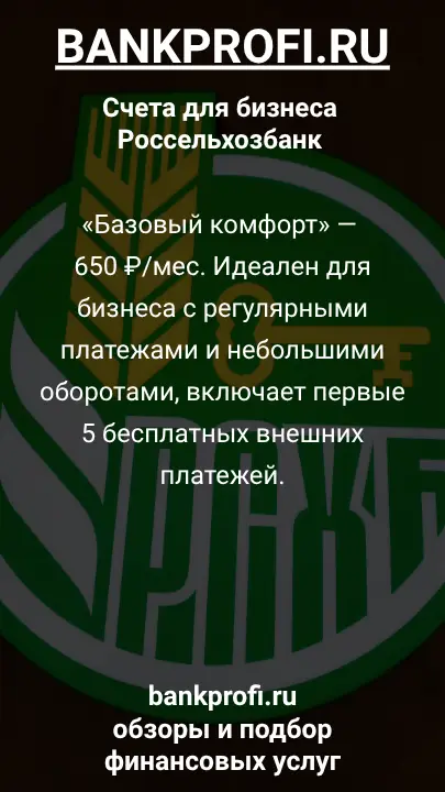 «Базовый комфорт» — 650 ₽/мес. Идеален для бизнеса с регулярными платежами и небольшими оборотами, включает первые 5 бесплатных внешних платежей.