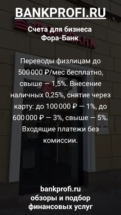 Переводы физлицам до 500 000 ₽/мес бесплатно, свыше — 1,5%. Внесение наличных 0,25%, снятие через карту: до 100 000 ₽ — 1%, до 600 000 ₽ — 3%, свыше — 5%. Входящие платежи без комиссии.