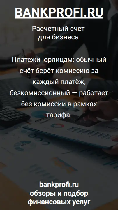 Платежи юрлицам: обычный счёт берёт комиссию за каждый платёж, безкомиссионный — работает без комиссии в рамках тарифа.
