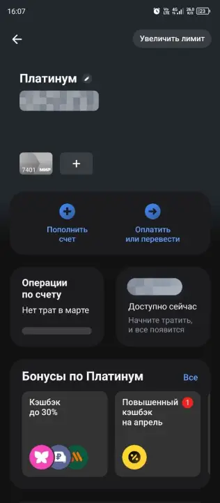 Скриншот из кредитной карты Т-Банк Платинум из приложения