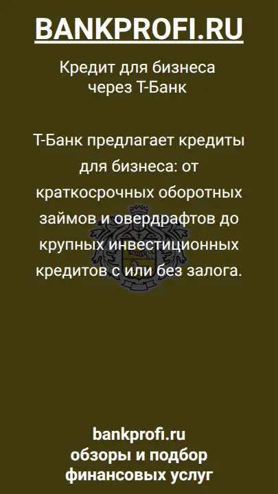 Т-Банк предлагает кредиты для бизнеса: от краткосрочных оборотных займов и овердрафтов до крупных инвестиционных кредитов с или без залога.