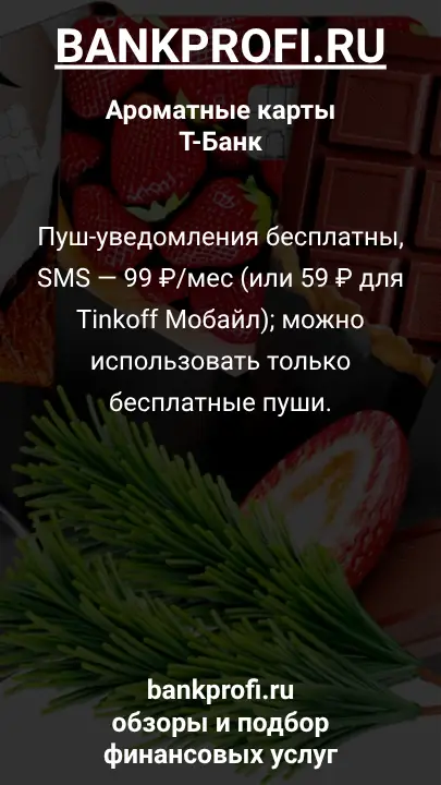 Пуш-уведомления бесплатны, SMS — 99 ₽/мес (или 59 ₽ для Tinkoff Мобайл); можно использовать только бесплатные пуши.
