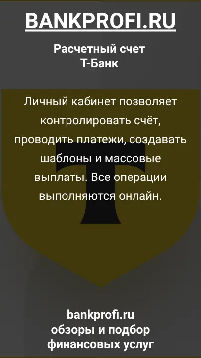 Личный кабинет позволяет контролировать счёт, проводить платежи, создавать шаблоны и массовые выплаты. Все операции выполняются онлайн.