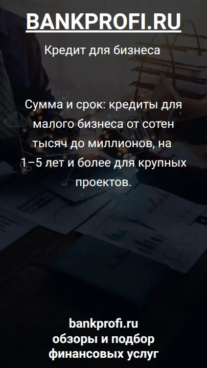 Сумма и срок: кредиты для малого бизнеса от сотен тысяч до миллионов, на 1–5 лет и более для крупных проектов.