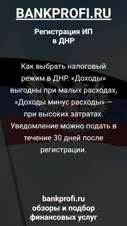 Как выбрать налоговый режим в ДНР. «Доходы» выгодны при малых расходах, «Доходы минус расходы» — при высоких затратах. Уведомление можно подать в течение 30 дней после регистрации.