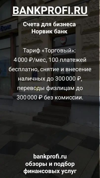 Тариф «Торговый»: 4 000 ₽/мес, 100 платежей бесплатно, снятие и внесение наличных до 300 000 ₽, переводы физлицам до 300 000 ₽ без комиссии.