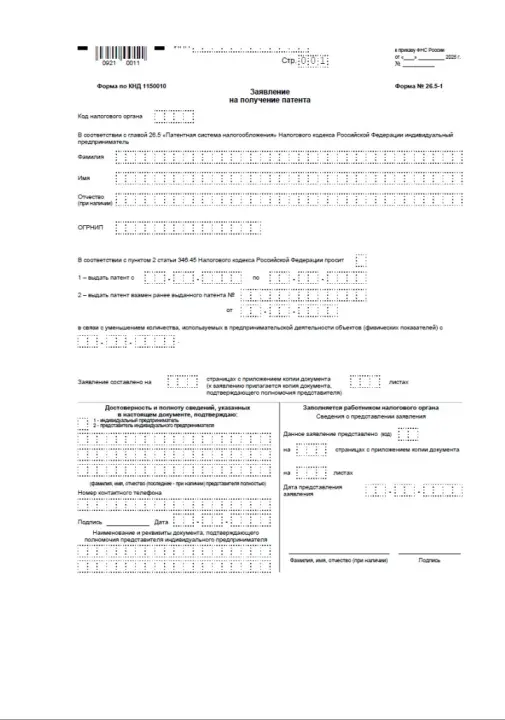 Не заполненная новая форма патента ИП 2026