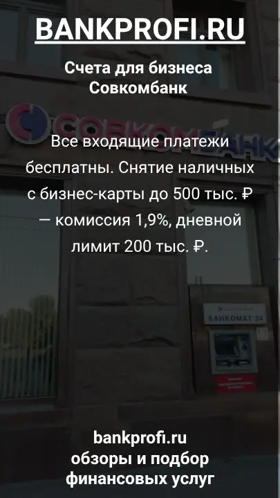 Все входящие платежи бесплатны. Снятие наличных с бизнес-карты до 500 тыс. ₽ — комиссия 1,9%, дневной лимит 200 тыс. ₽.