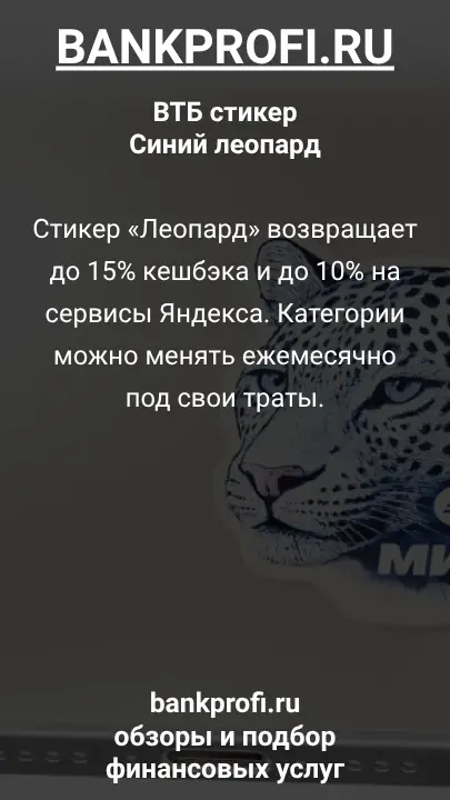 Стикер «Леопард» возвращает до 15% кешбэка и до 10% на сервисы Яндекса. Категории можно менять ежемесячно под свои траты.