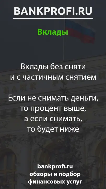 Вклады без сняти и с частичным снятием  Если не снимать деньги, то процент выше, а если снимать, то будет ниже