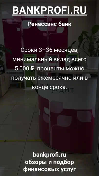 Сроки 3–36 месяцев, минимальный вклад всего 5 000 ₽, проценты можно получать ежемесячно или в конце срока.