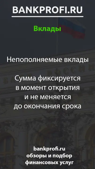 Непополняемые вклады  Сумма фиксируется в момент открытия и не меняется до окончания срока