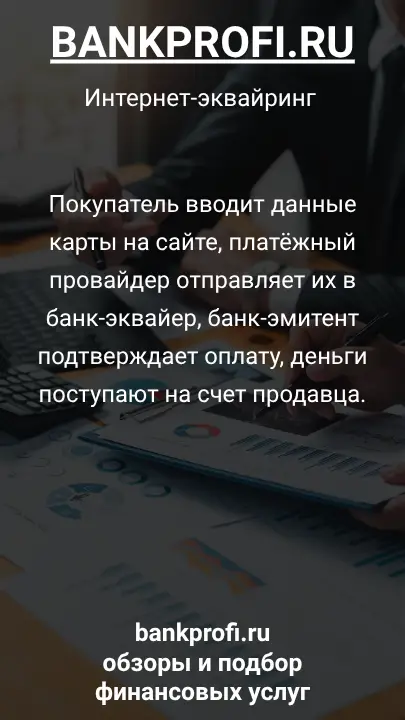 Покупатель вводит данные карты на сайте, платёжный провайдер отправляет их в банк-эквайер, банк-эмитент подтверждает оплату, деньги поступают на счет продавца.