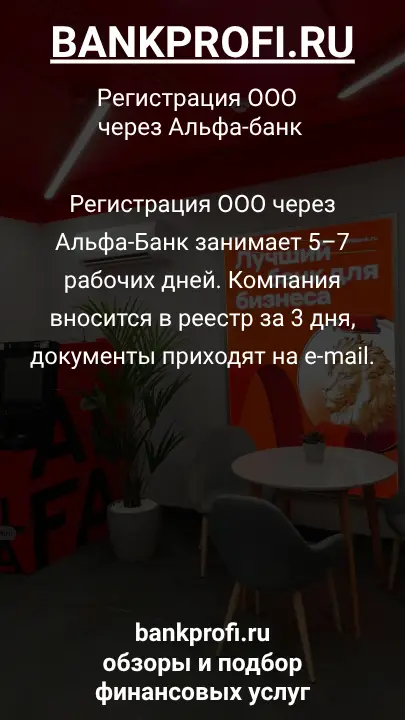 Регистрация ООО через Альфа-Банк занимает 5–7 рабочих дней. Компания вносится в реестр за 3 дня, документы приходят на e-mail.