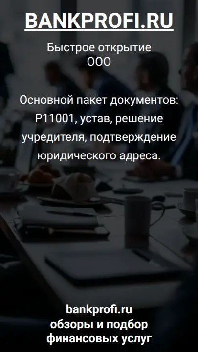Основной пакет документов: Р11001, устав, решение учредителя, подтверждение юридического адреса.