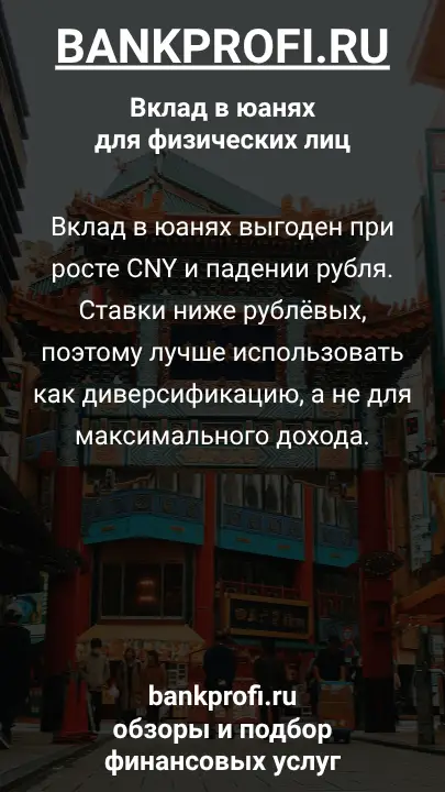 Вклад в юанях выгоден при росте CNY и падении рубля. Ставки ниже рублёвых, поэтому лучше использовать как диверсификацию, а не для максимального дохода.