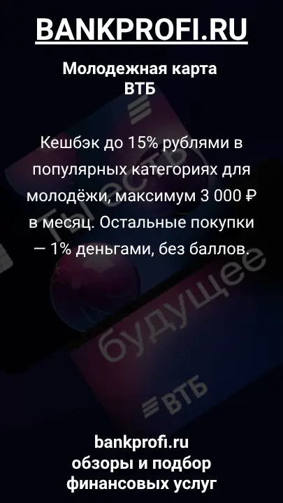 Кешбэк до 15% рублями в популярных категориях для молодёжи, максимум 3 000 ₽ в месяц. Остальные покупки — 1% деньгами, без баллов.