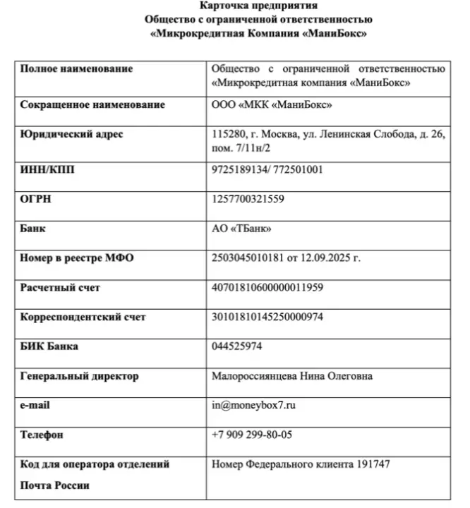 Реквизиты Манибокс для погашения займа