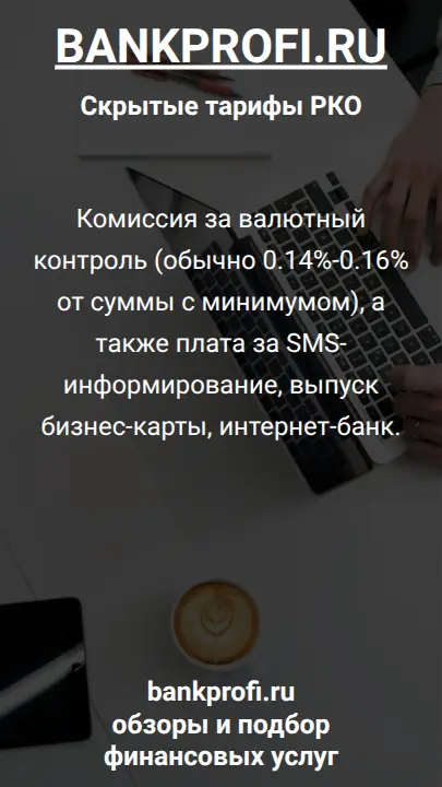 Комиссия за валютный контроль (обычно 0.14%-0.16% от суммы с минимумом), а также плата за SMS-информирование, выпуск бизнес-карты, интернет-банк.