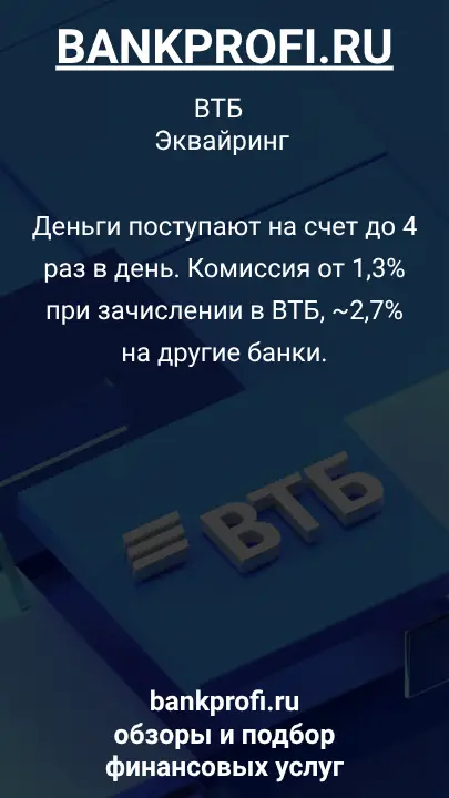 Деньги поступают на счет до 4 раз в день. Комиссия от 1,3% при зачислении в ВТБ, ~2,7% на другие банки.