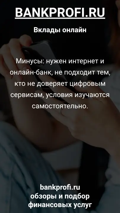 Минусы: нужен интернет и онлайн-банк, не подходит тем, кто не доверяет цифровым сервисам, условия изучаются самостоятельно.