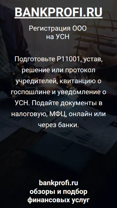 Подготовьте Р11001, устав, решение или протокол учредителей, квитанцию о госпошлине и уведомление о УСН. Подайте документы в налоговую, МФЦ, онлайн или через банки.