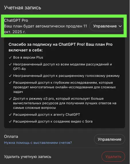 Оплаченный чат гпт. Скриншот из личного кабинета