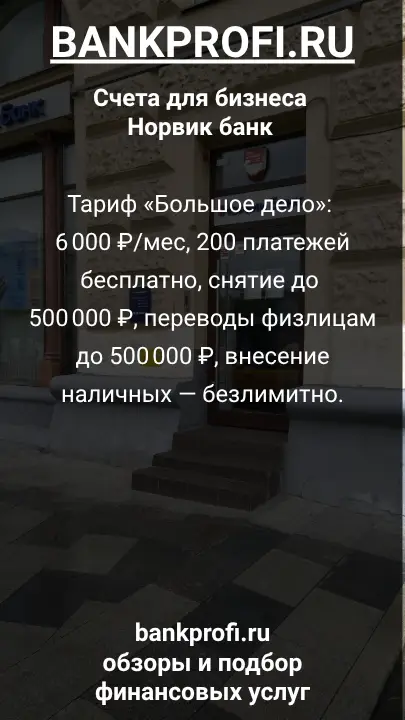 Тариф «Большое дело»: 6 000 ₽/мес, 200 платежей бесплатно, снятие до 500 000 ₽, переводы физлицам до 500 000 ₽, внесение наличных — безлимитно.