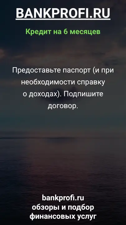 Предоставьте паспорт (и при необходимости справку о доходах). Подпишите договор. Предоставьте паспорт (и при необходимости справку о доходах). Подпишите договор.