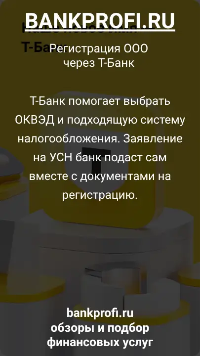 Т-Банк помогает выбрать ОКВЭД и подходящую систему налогообложения. Заявление на УСН банк подаст сам вместе с документами на регистрацию.