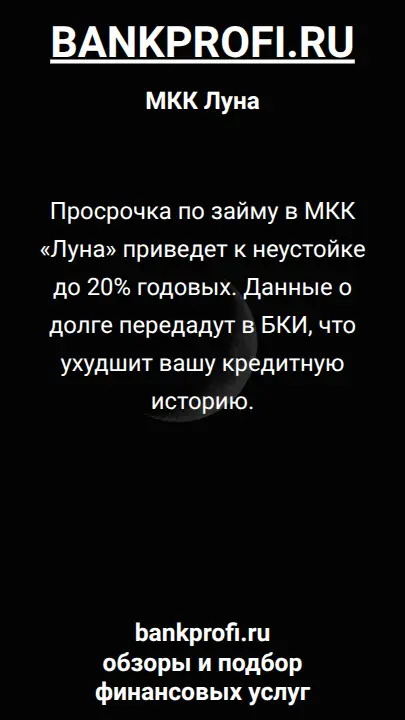 Просрочка по займу в МКК «Луна» приведет к неустойке до 20% годовых. Данные о долге передадут в БКИ, что ухудшит вашу кредитную историю.