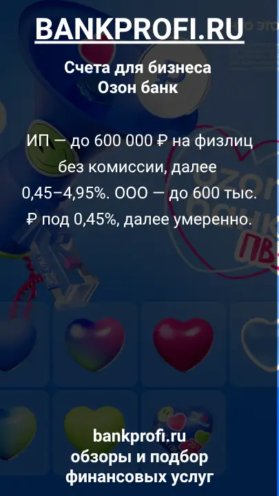 ИП — до 600 000 ₽ на физлиц без комиссии, далее 0,45–4,95%. ООО — до 600 тыс. ₽ под 0,45%, далее умеренно.